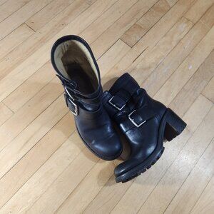 Freelance Black Leather Buckle Ankle Moto Boot